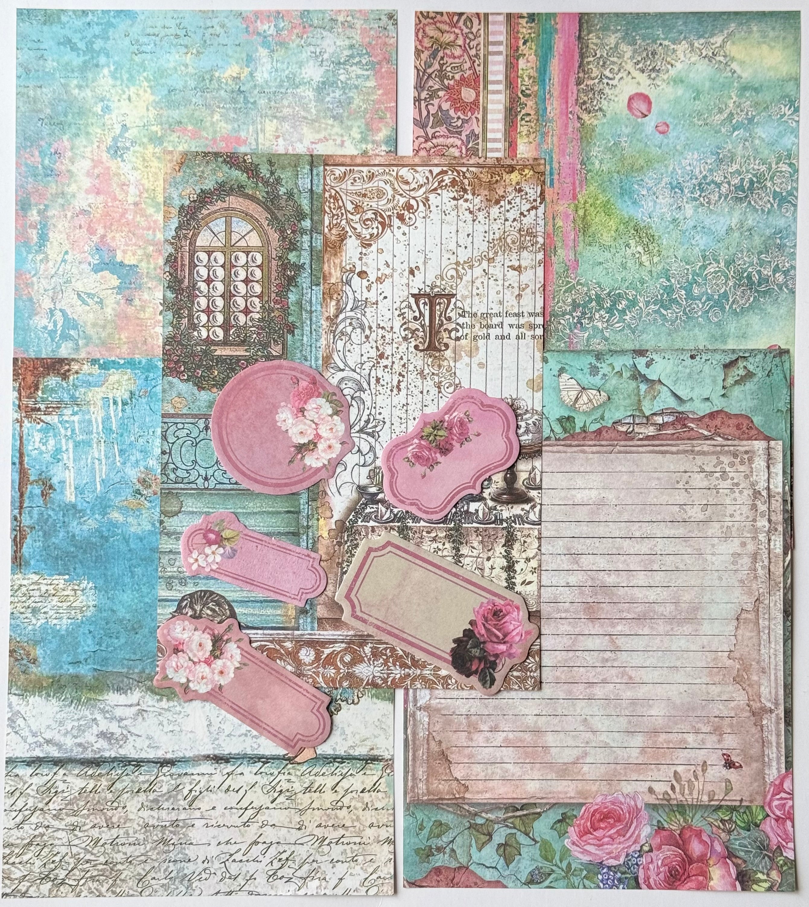 Dreamy Vintage Floral Junk Journal Kit | Blue & Pink Flowers Print | Journal Paper, Shabby Vintage Junk Journal