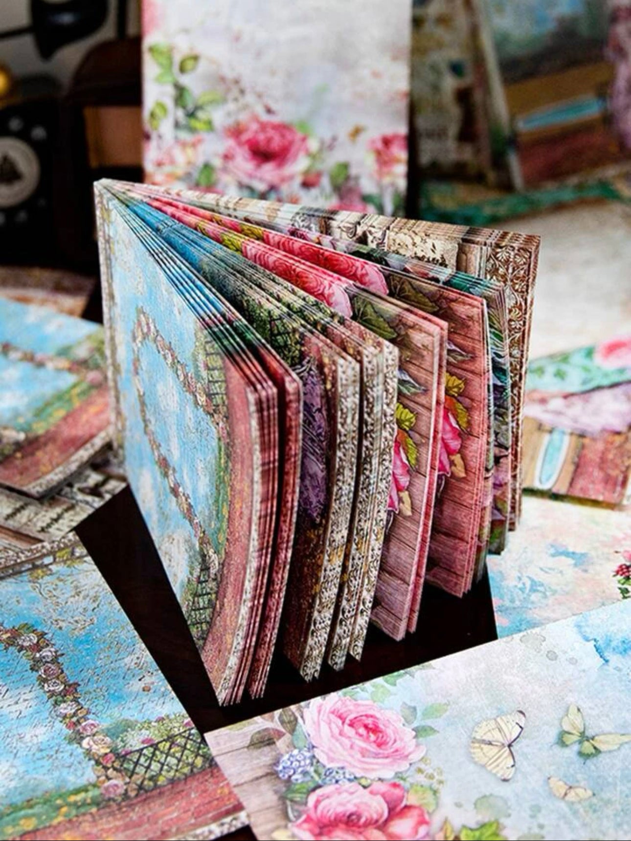 Dreamy Vintage Floral Junk Journal Kit | Blue & Pink Flowers Print | Journal Paper, Shabby Vintage Junk Journal